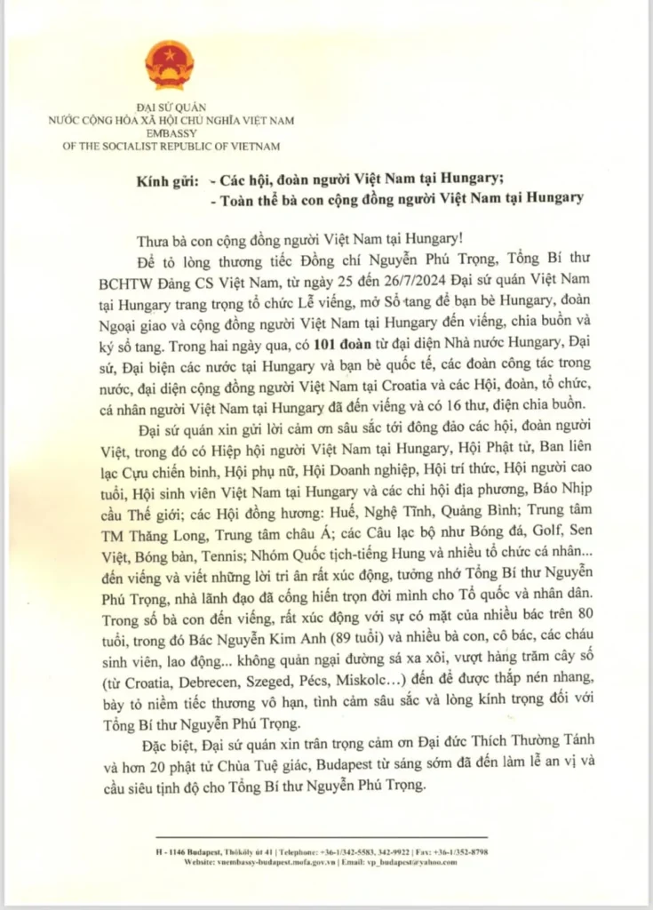 Thư cảm ơn của Đại sứ Nguyễn Thị Bích Thảo gửi tới các Hội, đoàn và bà con cộng đồng.