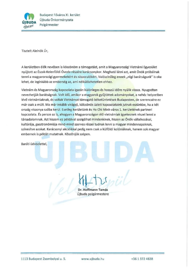 Lá thư cảm ơn cảm động của quân trưởng quận 11 Budapest về chiến dịch từ thiện của bà con ta. Xin tạm dịch: