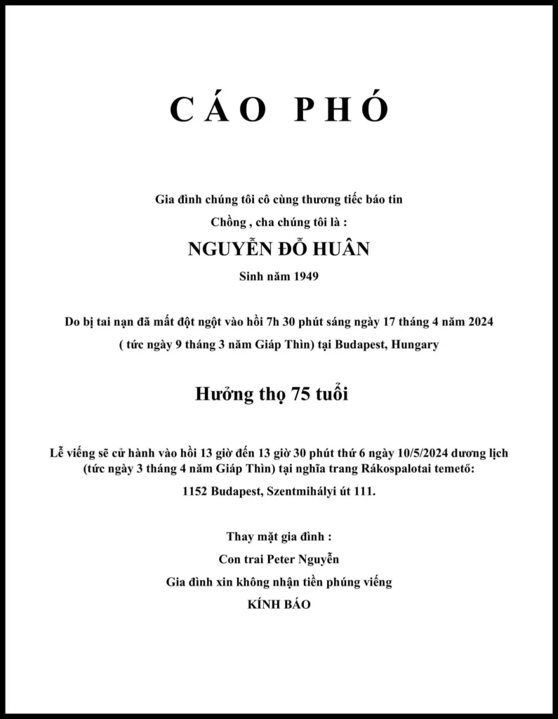 Gia đình nhờ HH đăng tin , xin gửi lời chia buồn sâu sắc đến tang quyến!