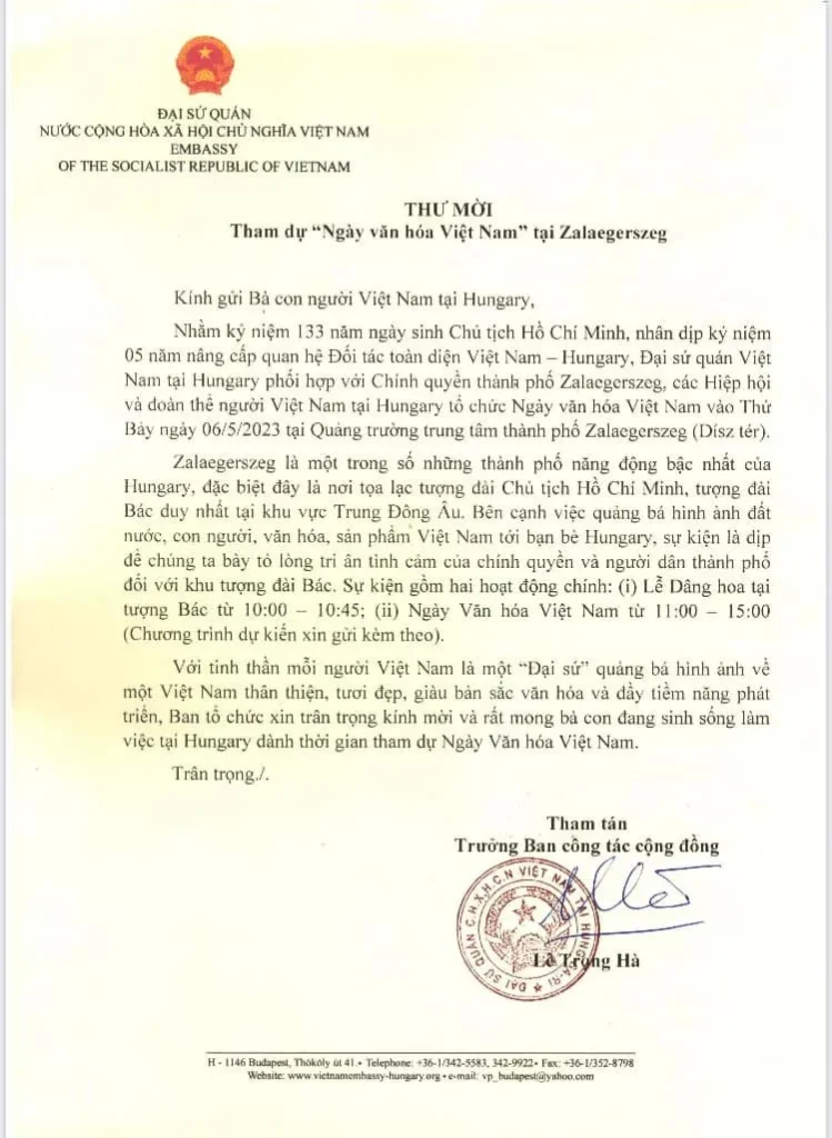 Thư mời tham dự Ngày văn hóa Việt Nam tại Zalaegerszeg của Đại sứ quán.