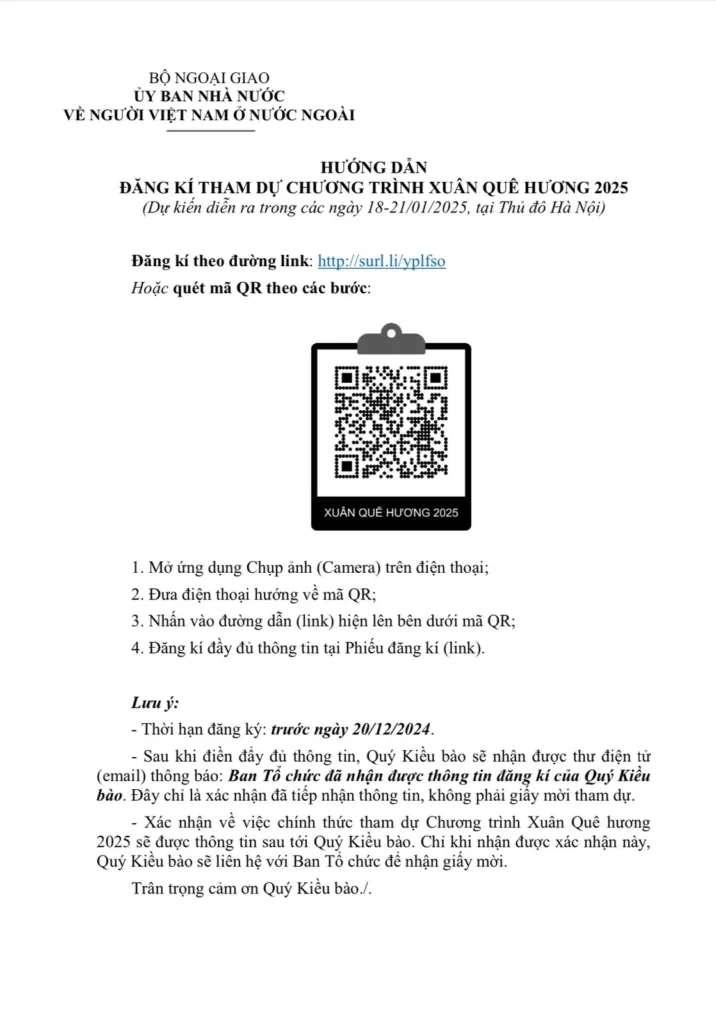 Thông báo về chương trình Xuân Quê hương 2025 từ Đại sứ quán.