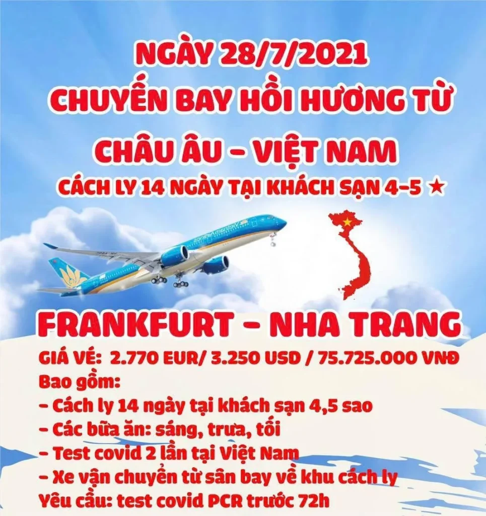 Theo thông tin từ ĐSQ Việt Nam tại Hungary, sau đây là giá vé của chuyến bay hồi hương (thương mại) kèm giá cách ly ở khách sạn…