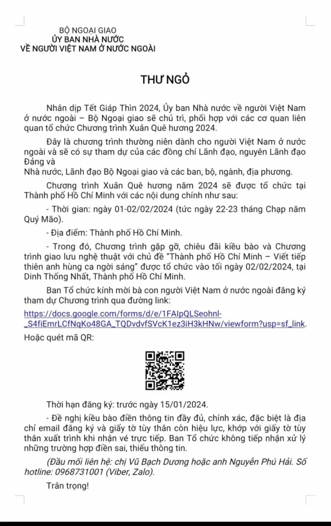 Thư ngỏ về chương trình Xuân Quê hương 2024.