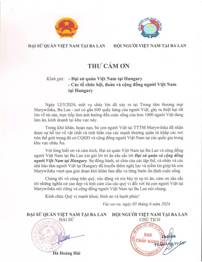 Thư cám ơn từ ĐSQ Việt nam tại Ba lan và Hội người Việt nam tại Ba lan.