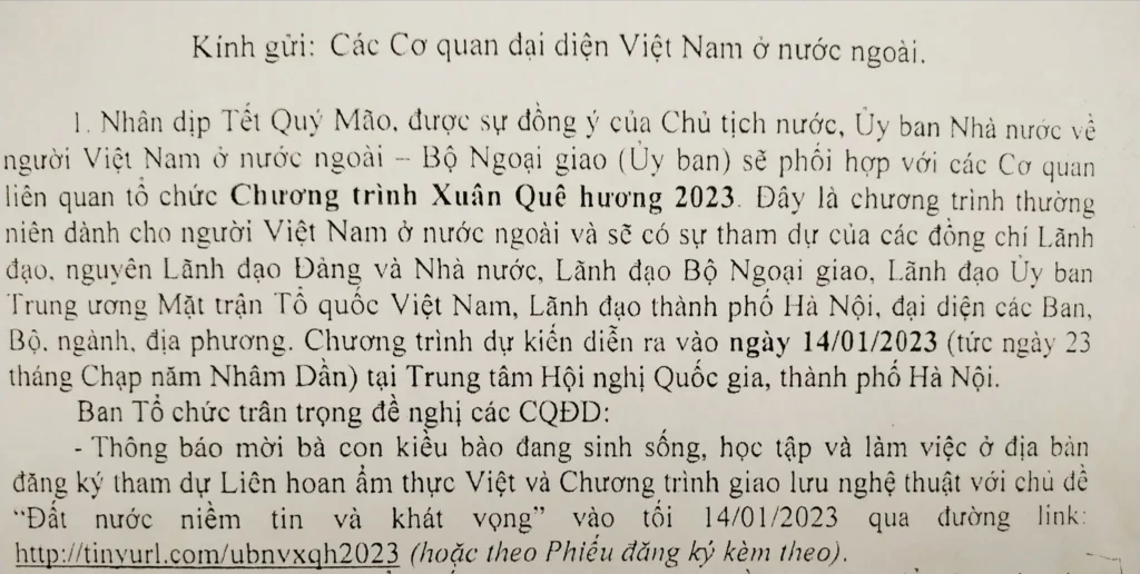 ĐSQ nhờ HH thông báo về chương trình Xuân Quê hương 2023.