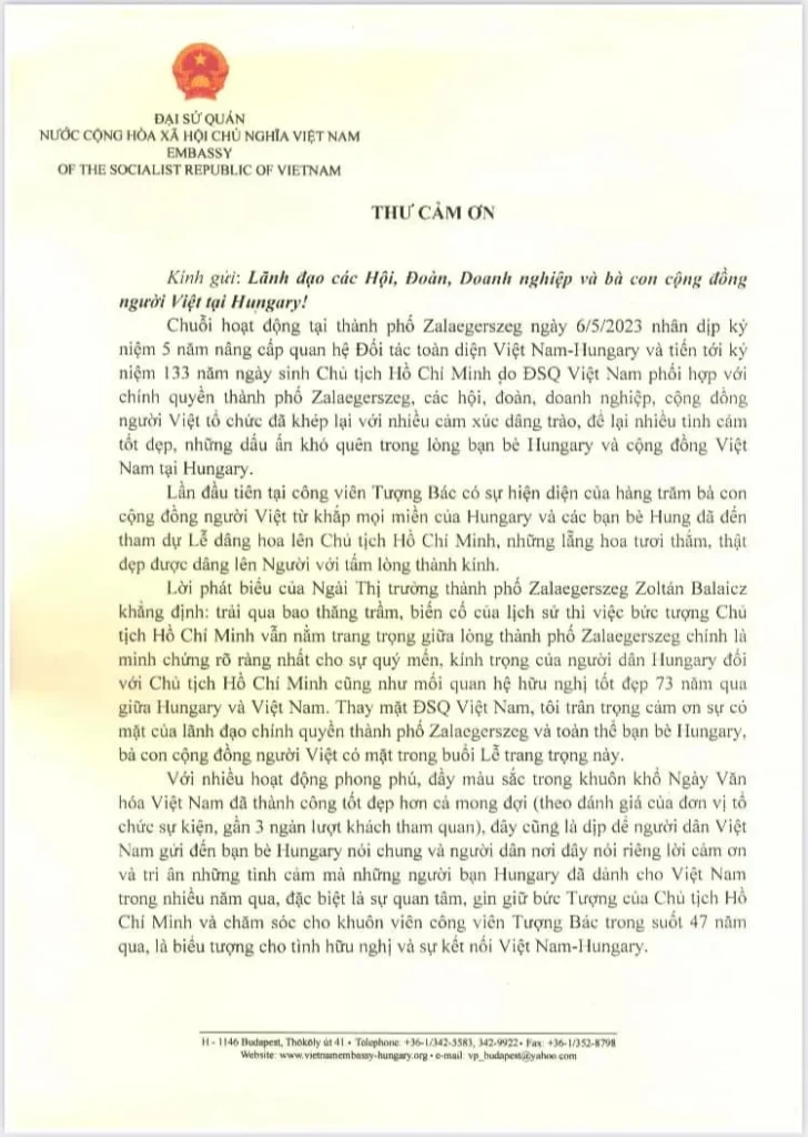 Thư cảm ơn của Đại sứ Nguyễn Thị Bích Thảo tới bà con cộng đồng người Việt Nam tại Hungary.