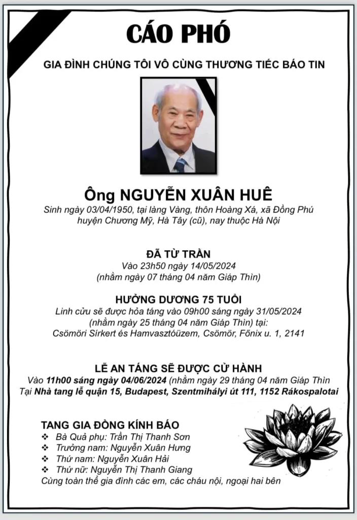 Gia đình nhờ Hiệp hội đăng tin , xin gửi lời chia buồn sâu sắc đến tang quyến!