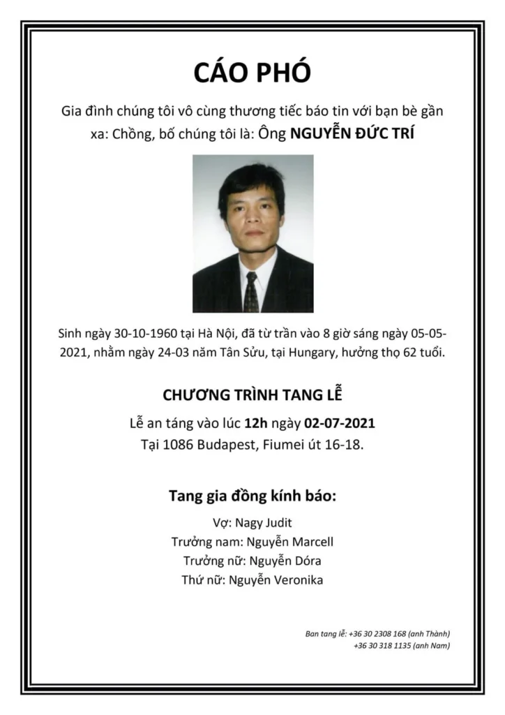 Thông báo về tang lễ của anh Nguyễn Đức Trí.